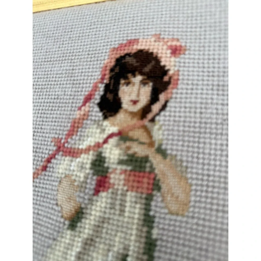 VTG Needlepoint Framed Pink‎ Girl 11